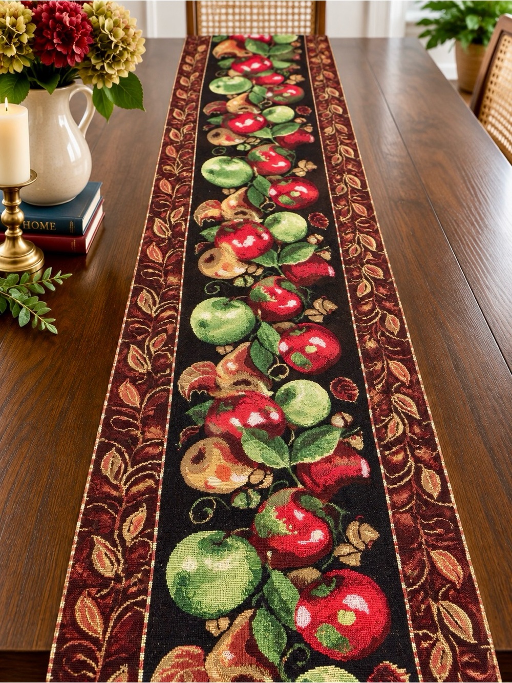 Tapestry Apple Pear Table Runner Dark Harvest Fruit 13 x 68 Fall Decor